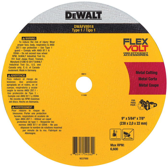 Ceramic Metal Cutting Disc 9" X 7/8" FlexVolt Dewalt