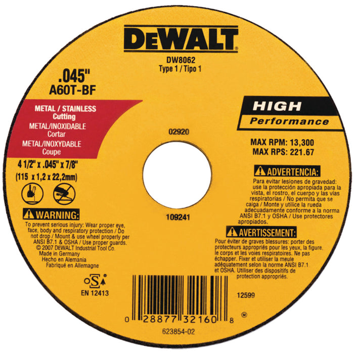 DISCO CORTE METAL S.S. (4-1/2" x 0.45" x 7/8") DEWALT