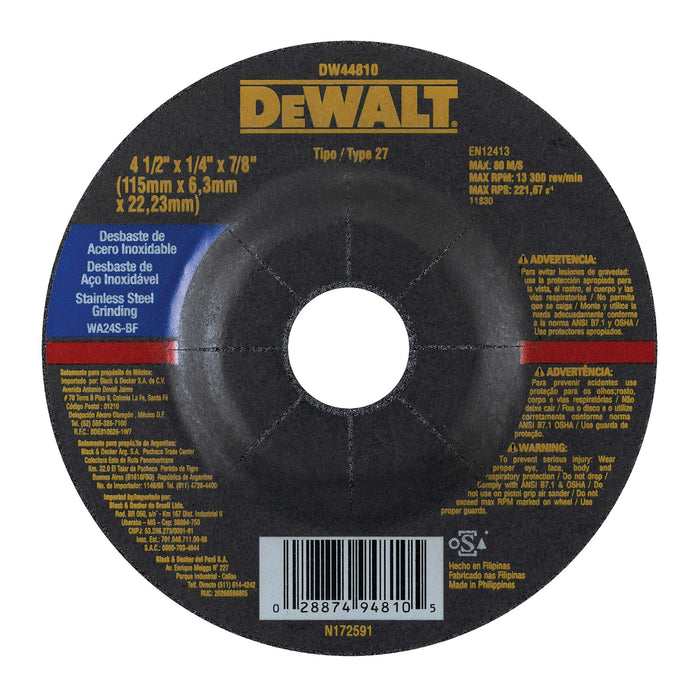 Stainless Steel Grinding Disc 4-1/2" X 1/4" X 7/8" Dewalt