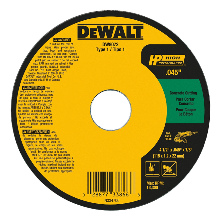 Concrete Cutting Disc 4-1/2" x .045 x 7/8" Dewalt