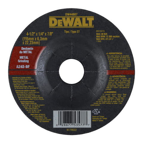 Grinding Disc. 4 1/2" X 1/4" X 7/8" (BOX) Dewalt